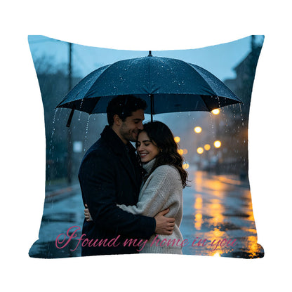 Custom couple pillow cover with "I found my home in you" quote, featuring a couple embracing under an umbrella in rainy city lights, personalized keepsake for love, anniversary gift