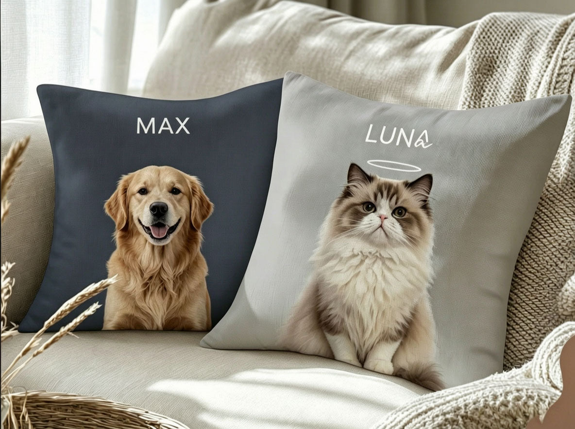 Set of two custom pet pillows: a golden retriever named Max on a dark blue cushion and a Ragdoll cat named Luna with a halo on a light gray cushion, perfect for multi-pet households.