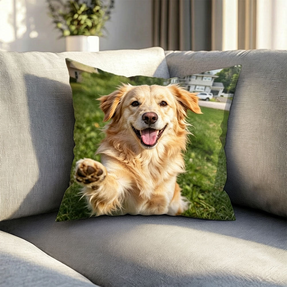 Custom personalized dog photo pillow printed with your pet dog portrait, custom pet keepsake cushion for dog lovers, upload puppy picture to create unique home decor throw pillow.