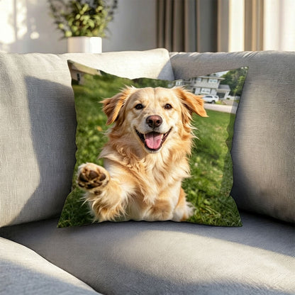 Custom personalized dog photo pillow printed with your pet dog portrait, custom pet keepsake cushion for dog lovers, upload puppy picture to create unique home decor throw pillow.