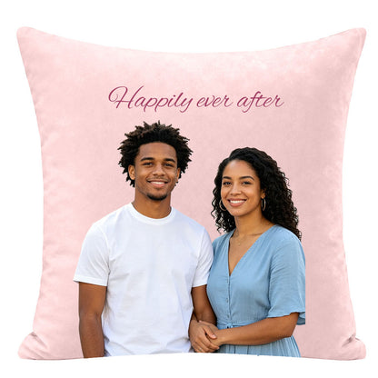 Custom couple photo throw pillow with "Happily ever after" quote, personalized engagement gift pillow, romantic custom portrait pillow for couples, soft pink background premium custom home decor