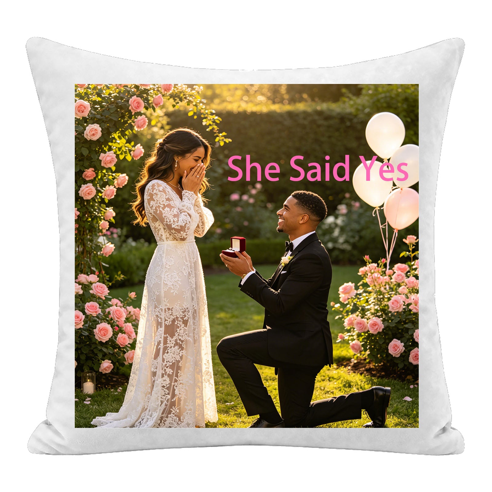 Custom engagement photo pillow featuring the romantic "She Said Yes" moment, personalized with the couple’s proposal photo. A premium keepsake cushion, perfect as a sentimental engagement, bridal shower, or newlywed home decor gift.