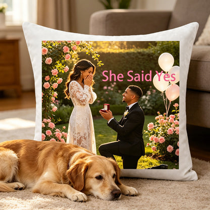 Custom engagement keepsake pillow on a soft living room rug, with a golden retriever lying nearby. A cozy, warm scene showing the pillow as part of everyday family life, celebrating the couple’s love.