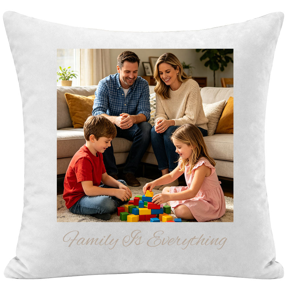 Custom family photo pillow personalized with the quote "Family Is Everything", featuring a happy American family playing with blocks. A premium keepsake cushion, perfect as a sentimental gift for family reunions, housewarmings, or holiday decor.