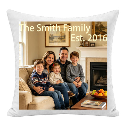 Custom family photo pillow personalized with family name and established date, shown in a classic living room setting. Premium soft fabric, perfect as sentimental home decor or a heartfelt family keepsake gift.