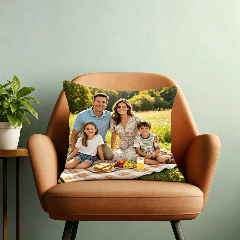 Custom personalized family photo throw pillow printed with custom outdoor picnic family portrait, premium linen cushion for home decor & sentimental family keepsake gift, customizable with your own family picture.