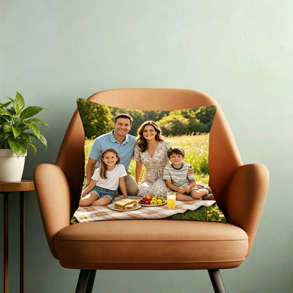 Custom personalized family photo throw pillow printed with custom outdoor picnic family portrait, premium linen cushion for home decor & sentimental family keepsake gift, customizable with your own family picture.