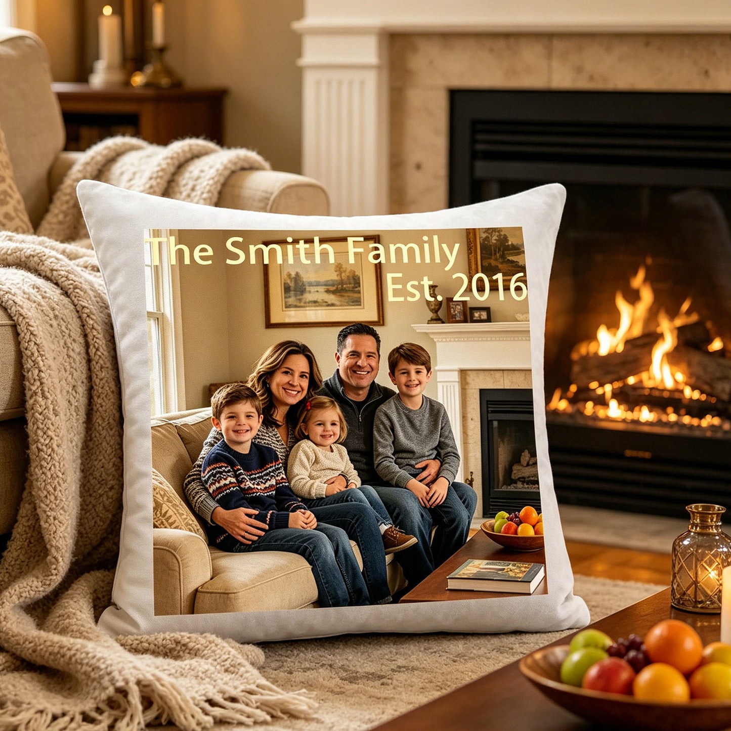 Personalized family keepsake pillow set on a coffee table by a glowing fireplace at night. Perfect for adding sentimental warmth to cozy evenings at home.