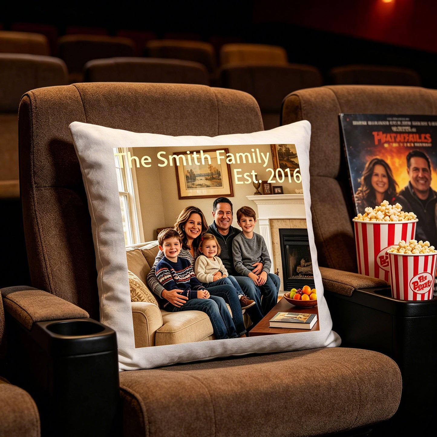Custom family keepsake pillow placed on a plush home theater recliner, next to popcorn buckets. Great for adding personal warmth to your home cinema or media room.