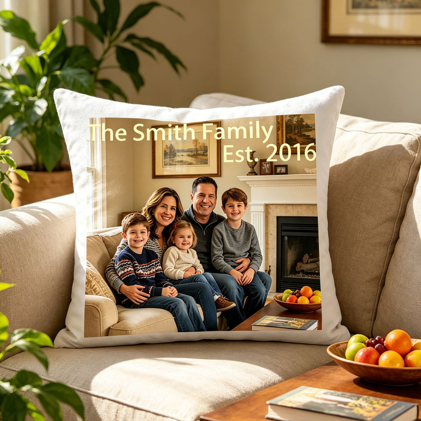 Personalized family keepsake pillow on a sunlit beige sofa with green plants. Shows the pillow blending seamlessly into everyday living room decor.