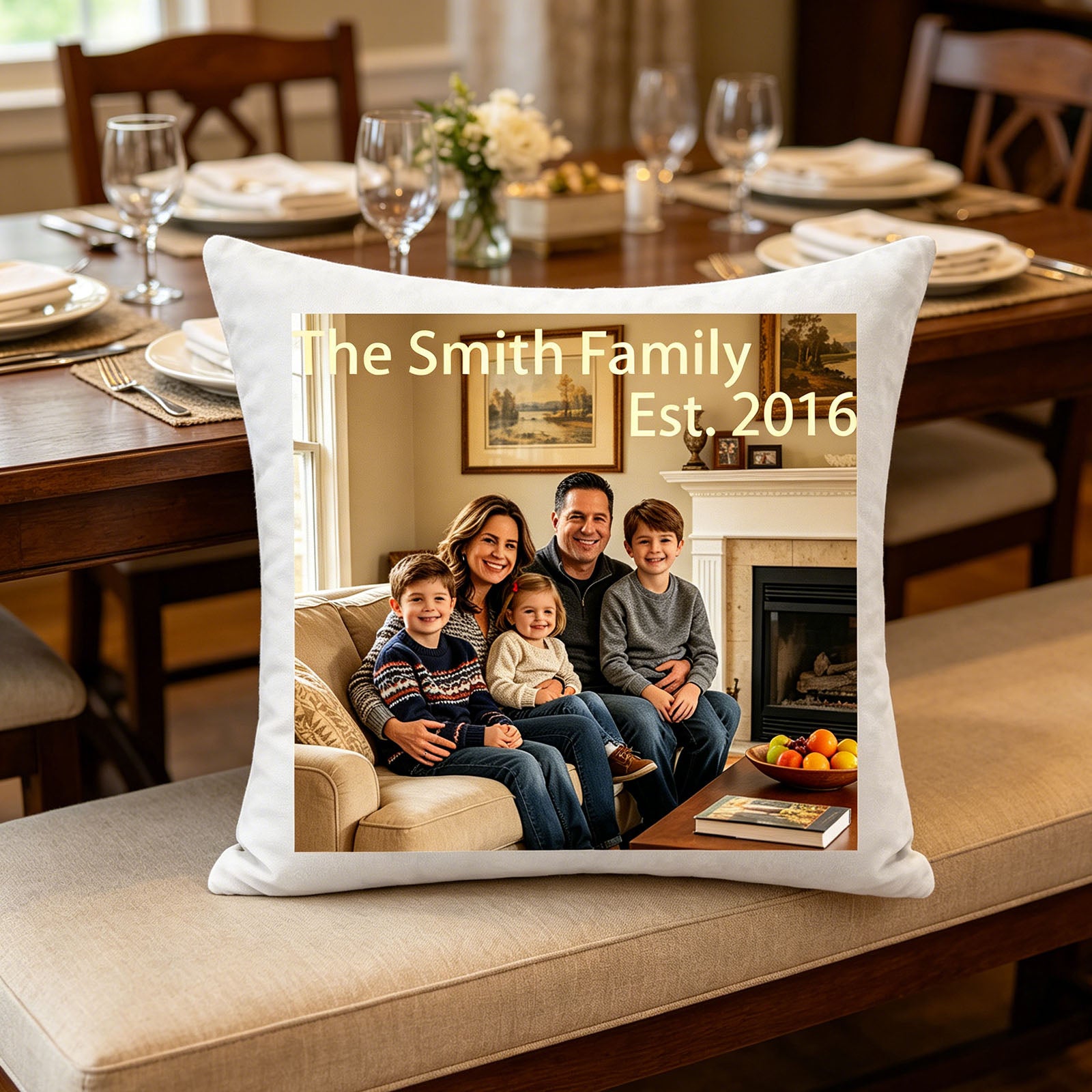 Custom family photo pillow resting on a dining bench in a bright kitchen. A charming addition to family meals and a thoughtful housewarming gift.