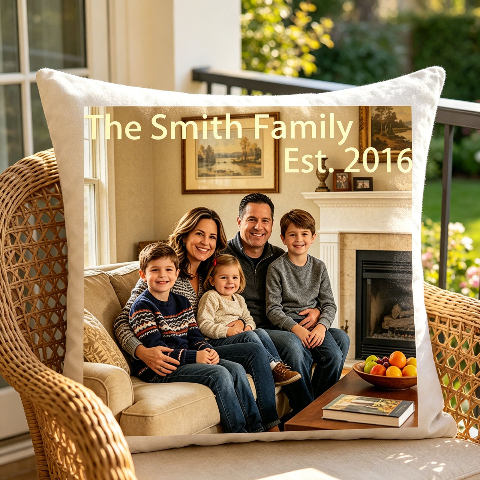 Personalized family photo pillow resting on a cozy rattan balcony chair. Perfect for outdoor patio or sunroom decor, blending sentimental design with casual comfort.