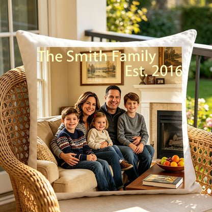 Personalized family photo pillow resting on a cozy rattan balcony chair. Perfect for outdoor patio or sunroom decor, blending sentimental design with casual comfort.