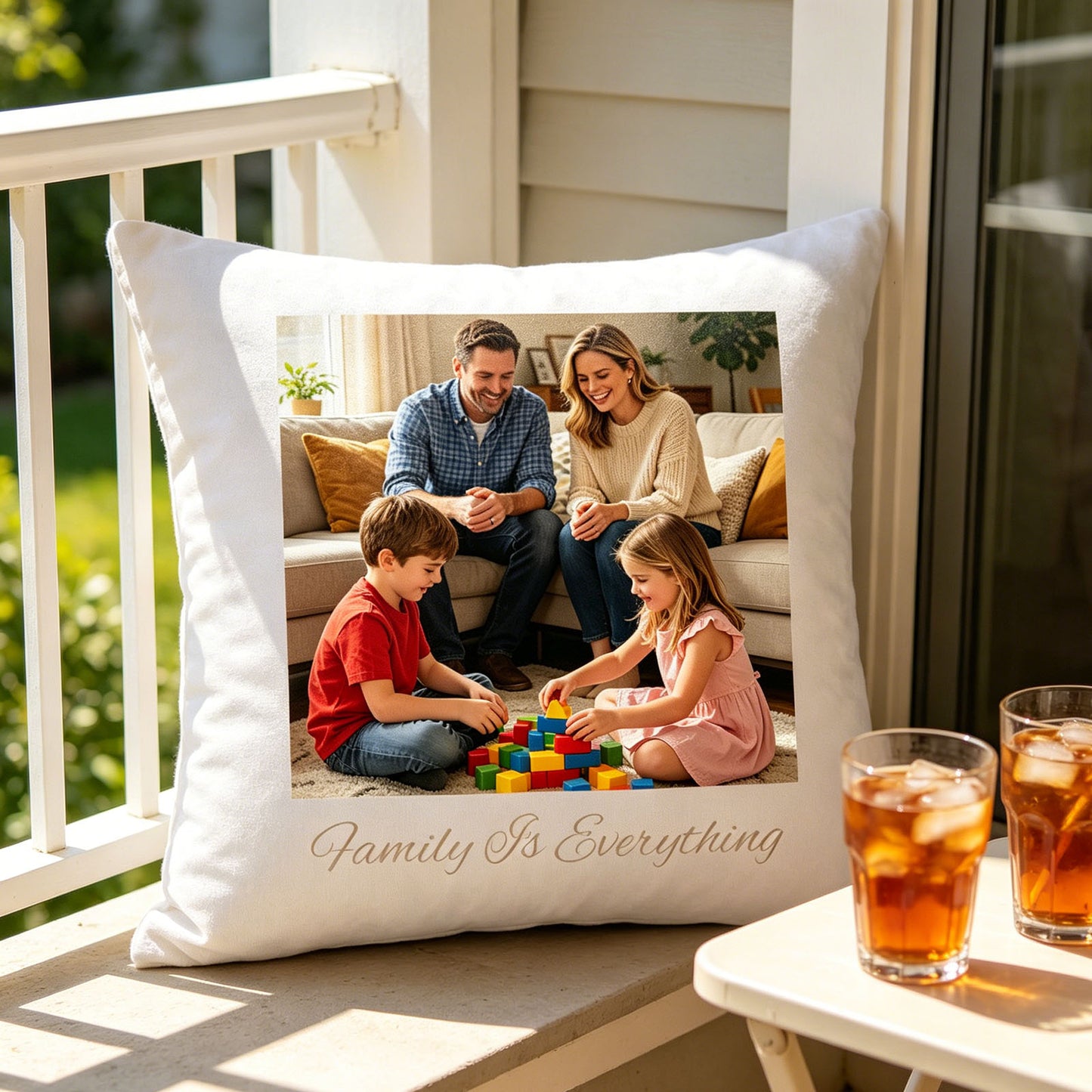 Custom family photo pillow placed on a wooden porch railing, next to a small table with iced tea glasses. A cheerful, relaxed touch showing the pillow as part of casual family moments in the sun.