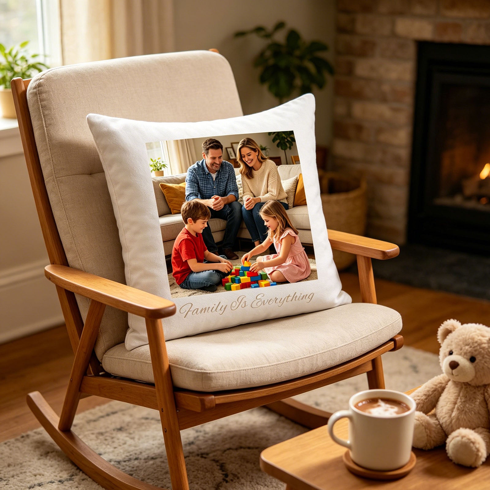 Custom family photo pillow placed on a classic wooden rocking chair in a cozy reading nook, with a hot coffee mug and stuffed teddy bear on the side table. A warm, comforting touch perfect for quiet family evenings and bedtime stories.