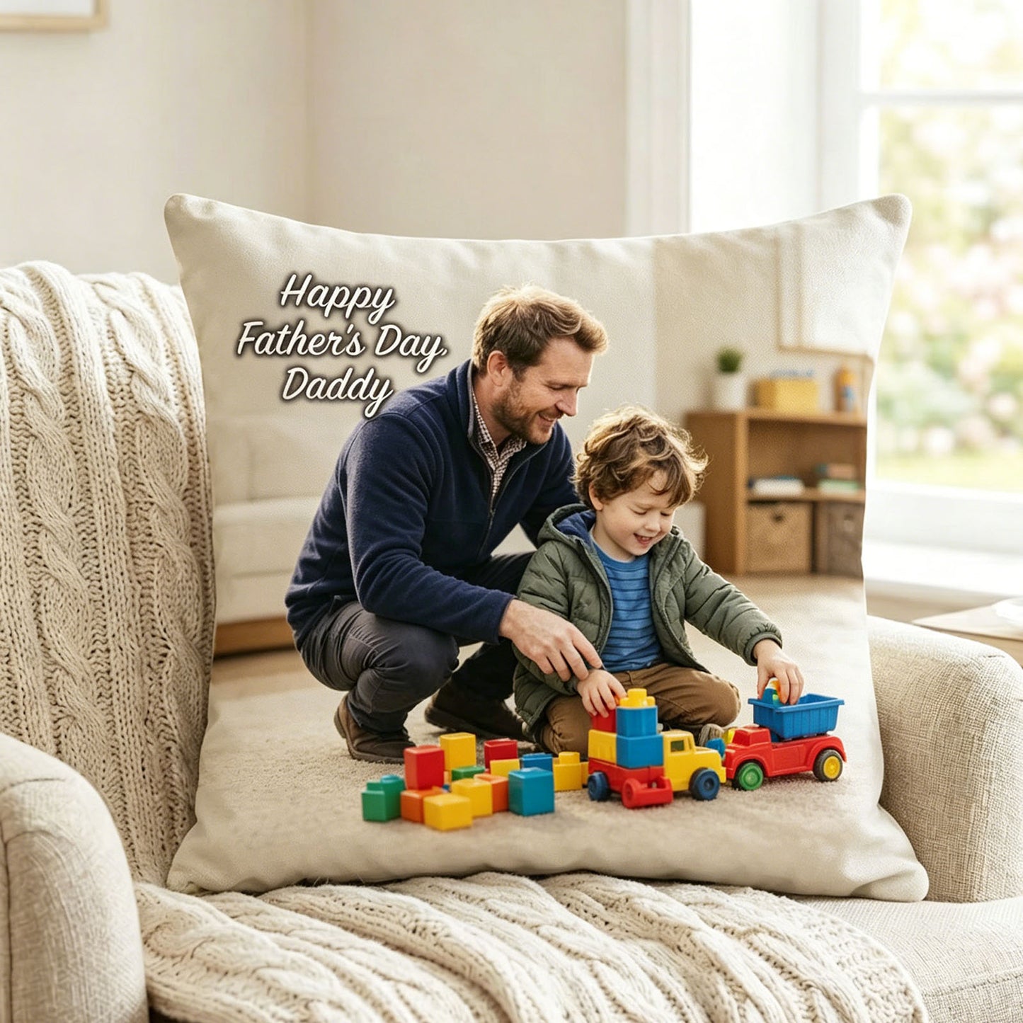 Father’s Day bespoke custom photo pillow with daddy & little boy indoor play picture, customizable happy holiday greeting text, sentimental dad gift personalized memory cushion for home sofa decor.