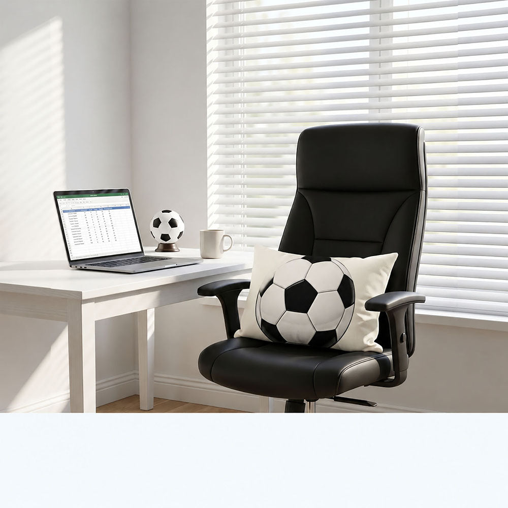 World Cup soccer themed cushion on black leather office chair, sports fan workspace decor throw pillow, custom printed football design for home office & man cave decoration.