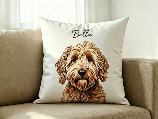 Custom personalized pet pillow featuring a hand-drawn portrait of a Goldendoodle dog named Bella on a cream cushion, perfect for dog lovers and unique home decor.