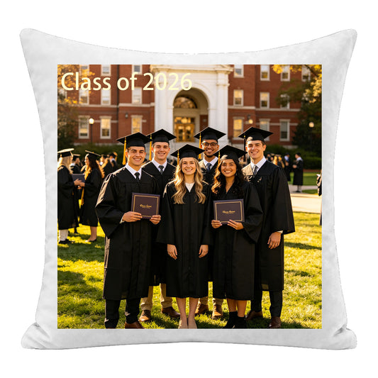 Custom graduation photo pillow personalized with the class year "Class of 2026", featuring graduates in caps and gowns. A premium keepsake cushion, perfect as a sentimental graduation gift, senior keepsake, or dorm/home decor.