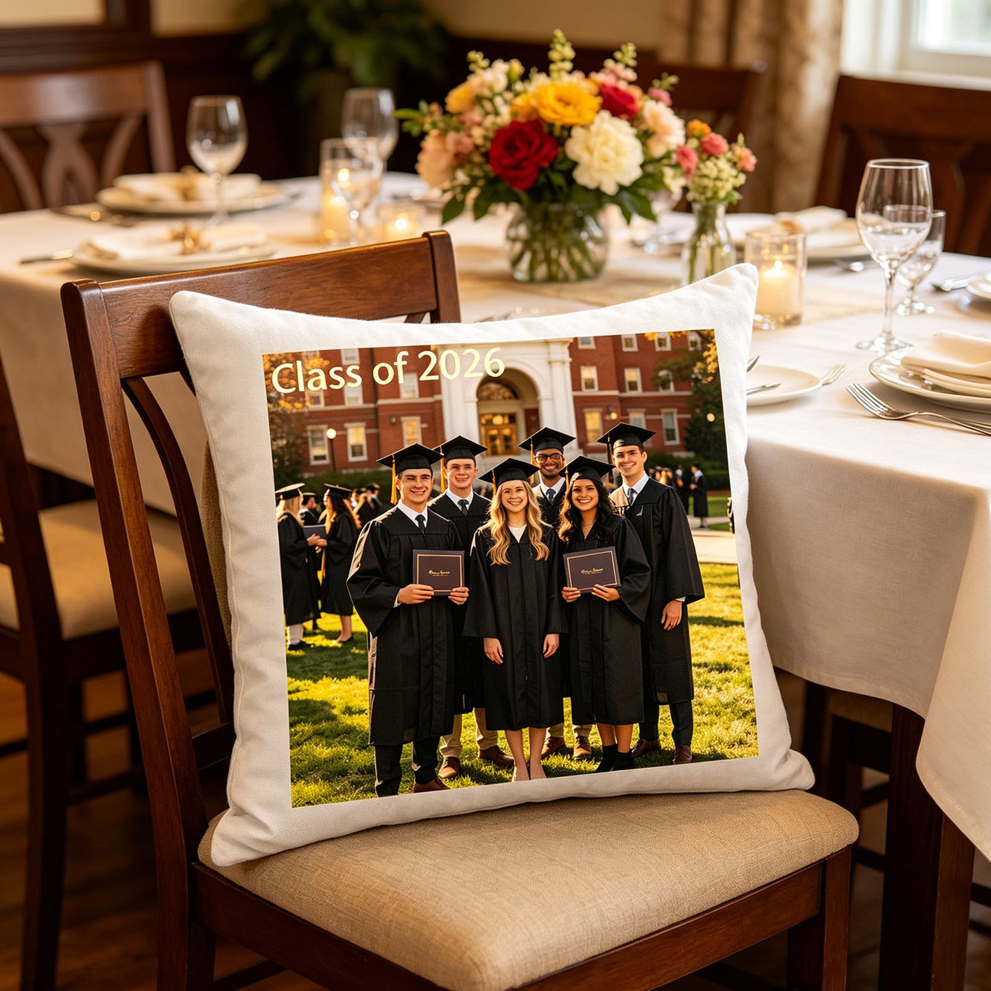 Custom graduation photo pillow resting on a chair at a festive graduation party dinner table, surrounded by flowers and candles. A charming touch for graduation celebrations and family gatherings.