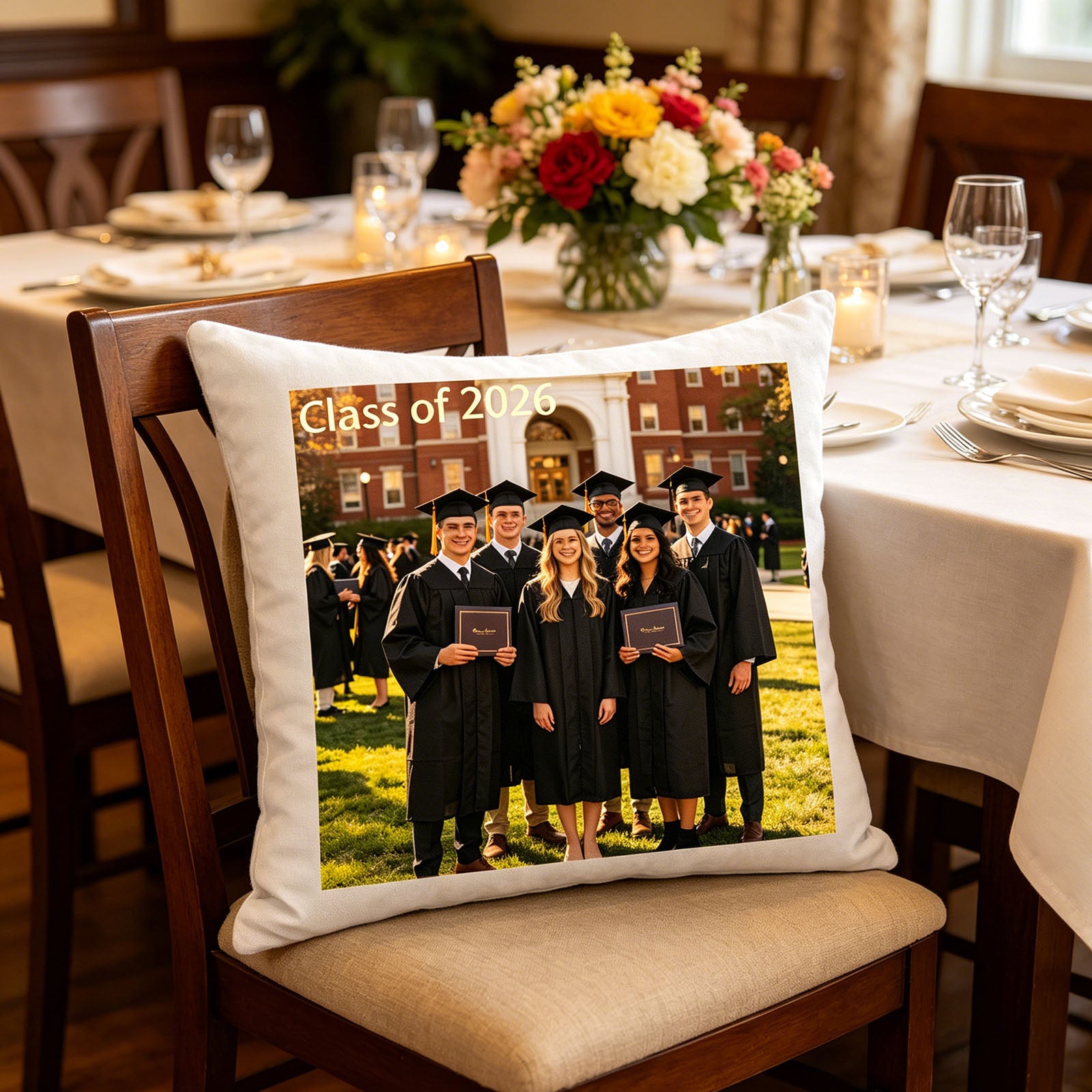 Custom graduation photo pillow resting on a chair at a festive graduation party dinner table, surrounded by flowers and candles. A charming touch for graduation celebrations and family gatherings.