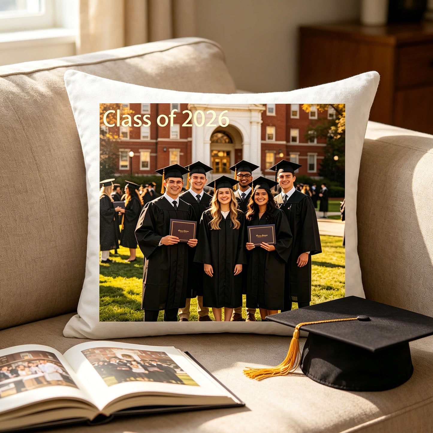 Custom graduation photo pillow placed on a cozy beige living room sofa, next to a graduation cap and yearbook. A warm reminder of the graduate’s milestone achievement in everyday home life.
