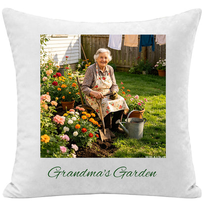 Custom Grandma's Garden photo pillow personalized with the quote "Grandma's Garden", featuring a grandmother gardening. A premium keepsake cushion, perfect as a sentimental gift for grandmothers, Mother's Day, garden lovers, or family keepsakes.