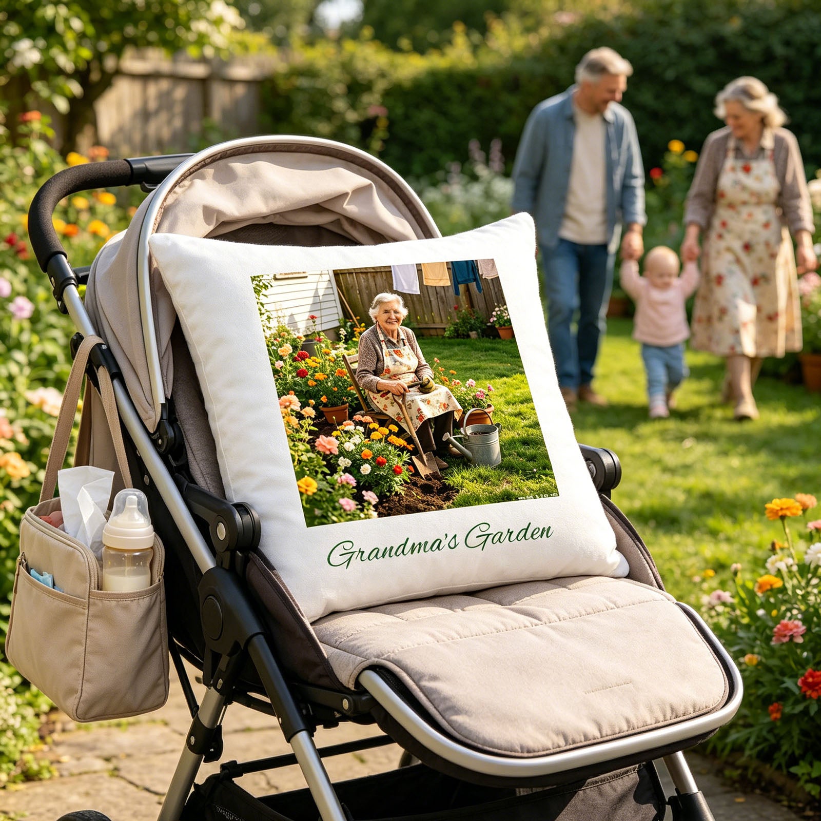Custom Grandma's Garden photo pillow placed on a baby stroller, with Grandma and family walking in the blooming garden background. A sweet, multi-generational scene showing the pillow bringing Grandma’s garden memories to the next generation.