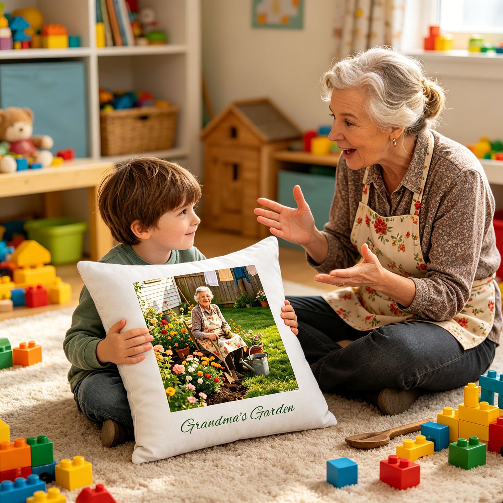 Custom Grandma's Garden photo pillow held by a grandmother and grandchild in a sunlit playroom, surrounded by building blocks. A tender, joyful scene showing the pillow as a bridge between generations and shared memories of Grandma’s garden.