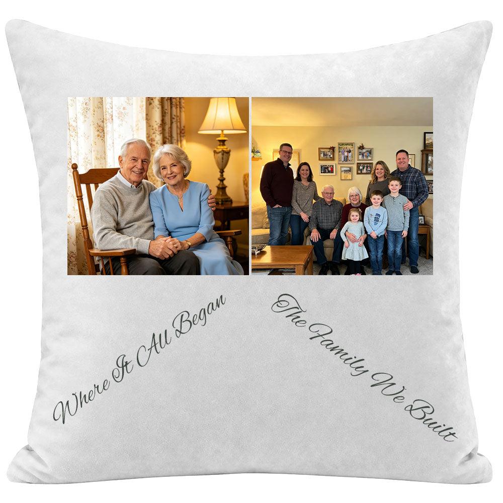 Custom personalized photo pillow featuring grandparents labeled "Where It All Began" and multi-generational family photo labeled "The Family We Built". A premium keepsake cushion, perfect as a sentimental gift for grandparents, family reunions, Mother's Day, Father's Day, or multi-generational family keepsakes.