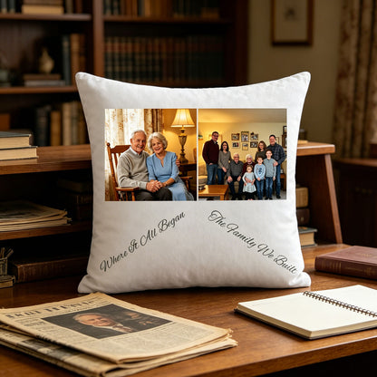 Custom grandparents and family photo pillow resting on a wooden home library desk, surrounded by leather-bound books and vintage newspapers. A cozy, nostalgic scene celebrating family history and heritage.