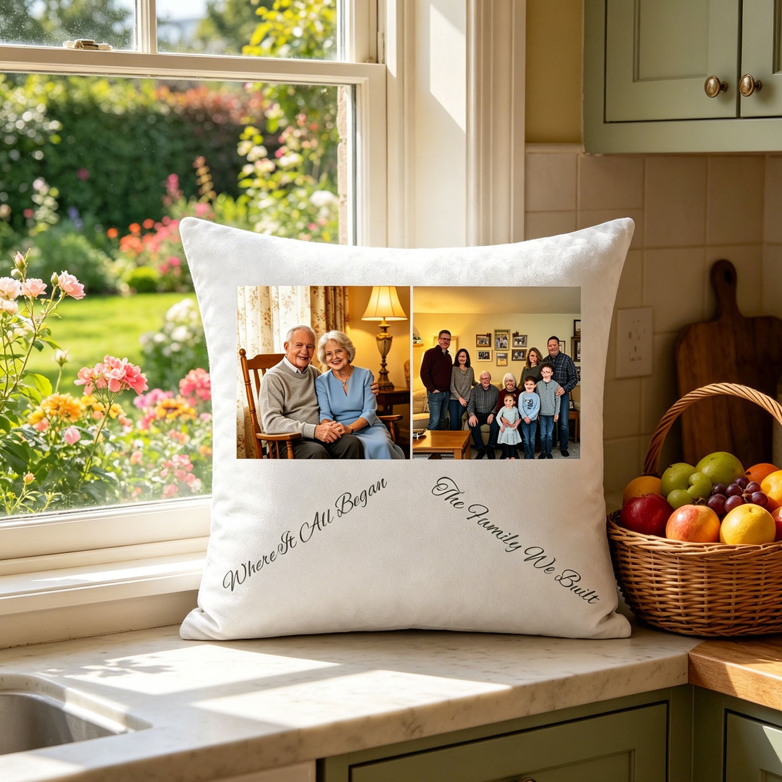 Custom grandparents and family photo pillow resting on a sunlit kitchen counter, next to a wicker basket of fresh fruit with a blooming garden visible through the window. A warm, homey scene showing the pillow as a reminder of family gatherings and love in the heart of the home.