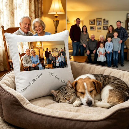Custom grandparents and family photo pillow resting on a plush pet bed, next to a sleeping dog and cat. A heartwarming, cozy scene showing the pillow as part of the whole family, including furry members.