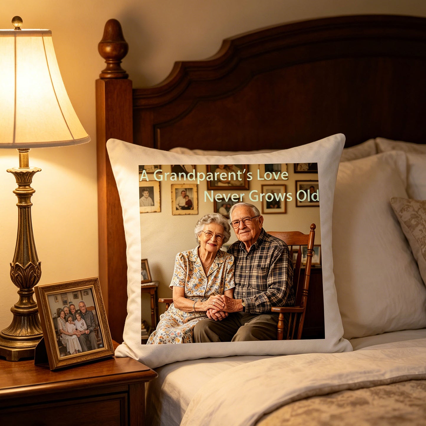 Custom grandparents photo pillow placed on a master bedroom bed, next to a framed family portrait. A warm reminder of family love, perfect for everyday comfort.
