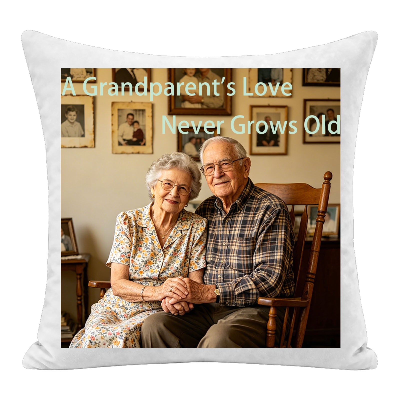 Custom grandparents photo pillow personalized with the quote "A Grandparent’s Love Never Grows Old". A sentimental keepsake cushion, perfect as a heartfelt gift for grandchildren or to honor beloved grandparents.