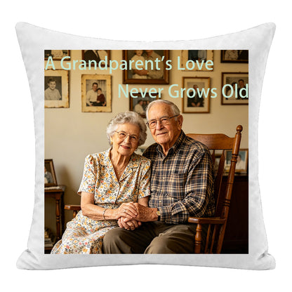 Custom grandparents photo pillow personalized with the quote "A Grandparent’s Love Never Grows Old". A sentimental keepsake cushion, perfect as a heartfelt gift for grandchildren or to honor beloved grandparents.