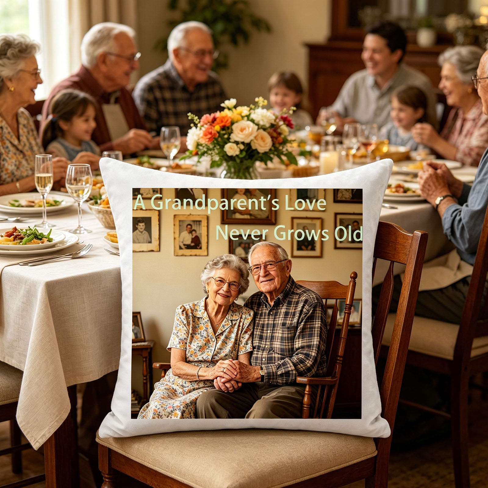 Custom grandparents photo pillow placed on a chair at a lively family dinner table. A beautiful, sentimental addition to family gatherings and holiday meals.