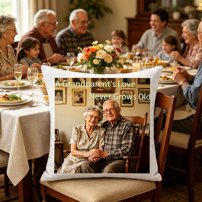 Custom grandparents photo pillow placed on a chair at a lively family dinner table. A beautiful, sentimental addition to family gatherings and holiday meals.