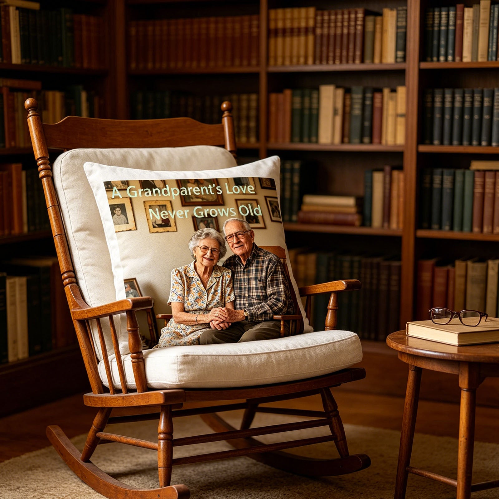 Personalized grandparents keepsake pillow resting on a classic wooden rocking chair in a sunlit library. A cozy, nostalgic touch for grandparents’ reading nooks or living rooms
