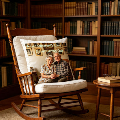 Personalized grandparents keepsake pillow resting on a classic wooden rocking chair in a sunlit library. A cozy, nostalgic touch for grandparents’ reading nooks or living rooms