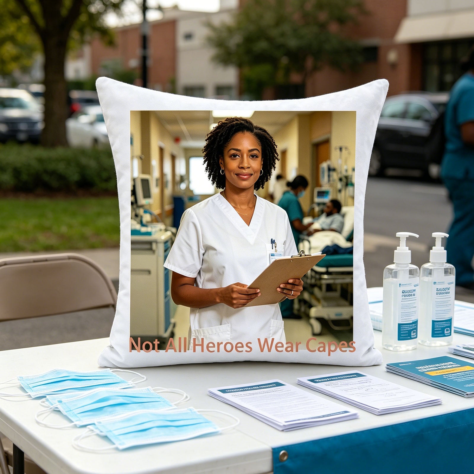 Custom healthcare worker photo pillow placed on an outdoor community health clinic table, surrounded by face masks and sanitizer. A proud, meaningful touch celebrating the medical professional’s role in public health.