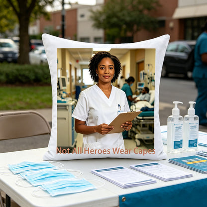 Custom healthcare worker photo pillow placed on an outdoor community health clinic table, surrounded by face masks and sanitizer. A proud, meaningful touch celebrating the medical professional’s role in public health.
