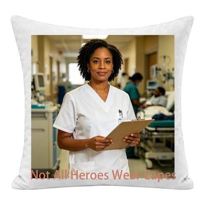 Custom healthcare worker photo pillow featuring the quote "Not All Heroes Wear Capes", personalized with a nurse/medical professional’s hospital portrait. A premium keepsake cushion, perfect as a sentimental thank you, appreciation, or retirement gift for nurses, doctors, and healthcare heroes.