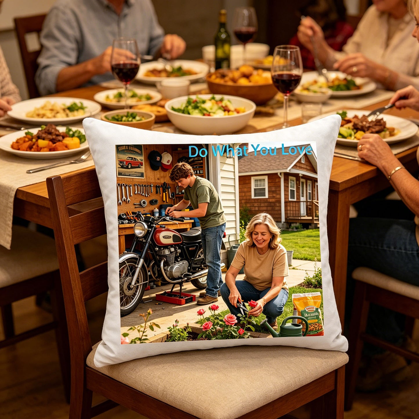 Custom hobby photo pillow placed on a dining chair at a lively family dinner table, surrounded by plates of food and wine glasses. A warm, homey scene showing the pillow as a conversation starter about shared hobbies and passions.