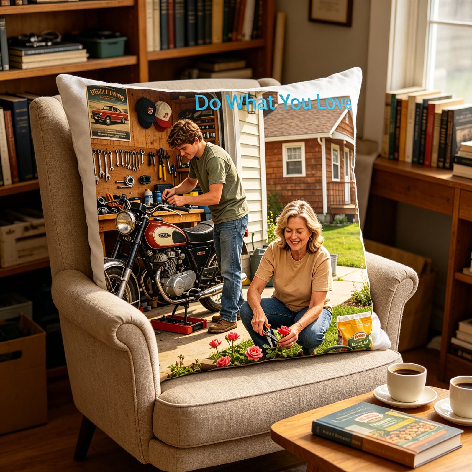 Custom hobby photo pillow placed on a cozy armchair in a home library, with coffee mugs and books on the side table. A quiet, inspiring touch perfect for celebrating hobbies in moments of relaxation and reading.