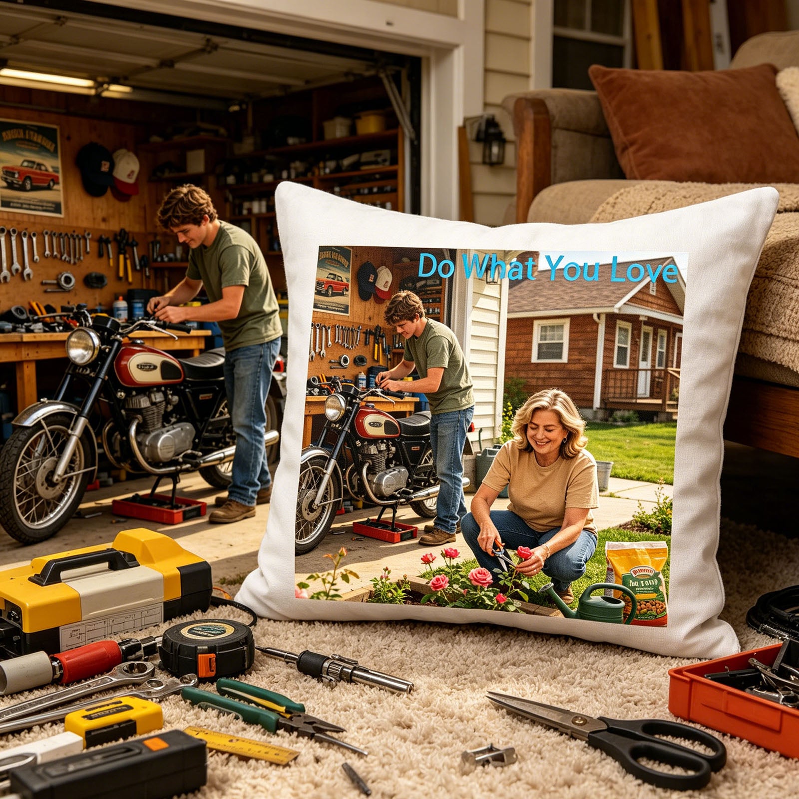 Custom hobby photo pillow placed on a carpeted workshop floor, surrounded by tools, a power drill, and the motorcycle from the photo. A practical, authentic touch celebrating DIY and mechanical hobbies.