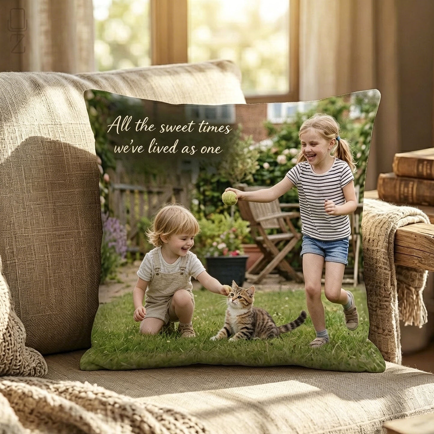 Custom personalized throw pillow printed with kid and tabby cat backyard playful photo, editable custom sweet memory quote text, family pet daily moment keepsake cushion for farmhouse interior decor.