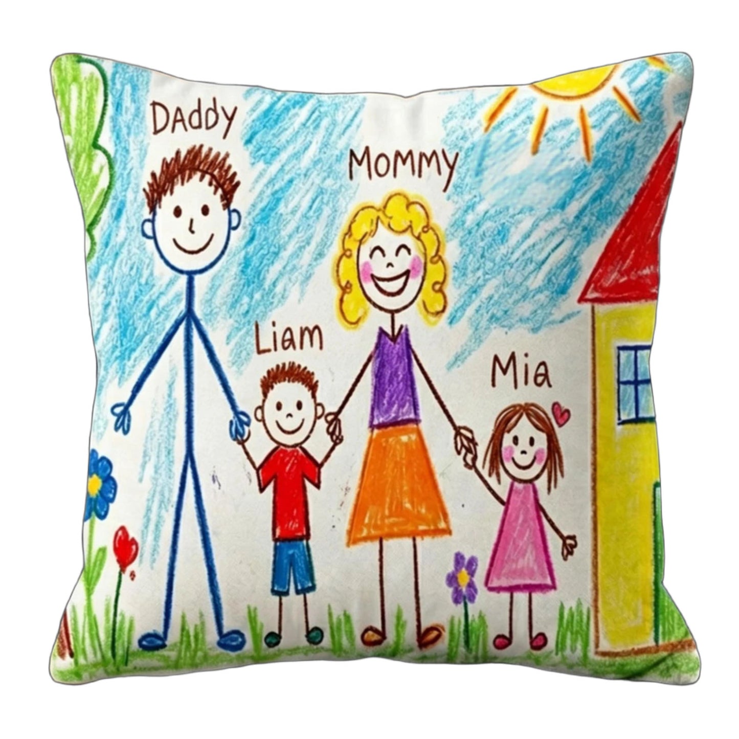 Personalized custom throw pillow printed with kid’s hand-drawn family stick figure artwork, editable custom family member names text, unique sentimental coming-of-age keepsake cushion for parents home decor.