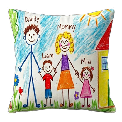 Personalized custom throw pillow printed with kid’s hand-drawn family stick figure artwork, editable custom family member names text, unique sentimental coming-of-age keepsake cushion for parents home decor.