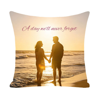 Custom romantic pillow cover with "A day we'll never forget" quote, couple silhouette at golden hour beach, personalized love keepsake, wedding and anniversary gift